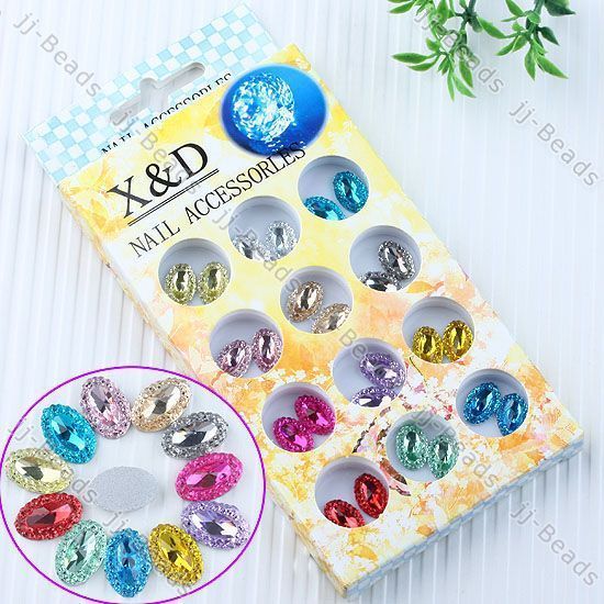 24PCS Acrylic 3D Oval Rhinestone Glitter Nail Art Tips Sticker DIY 