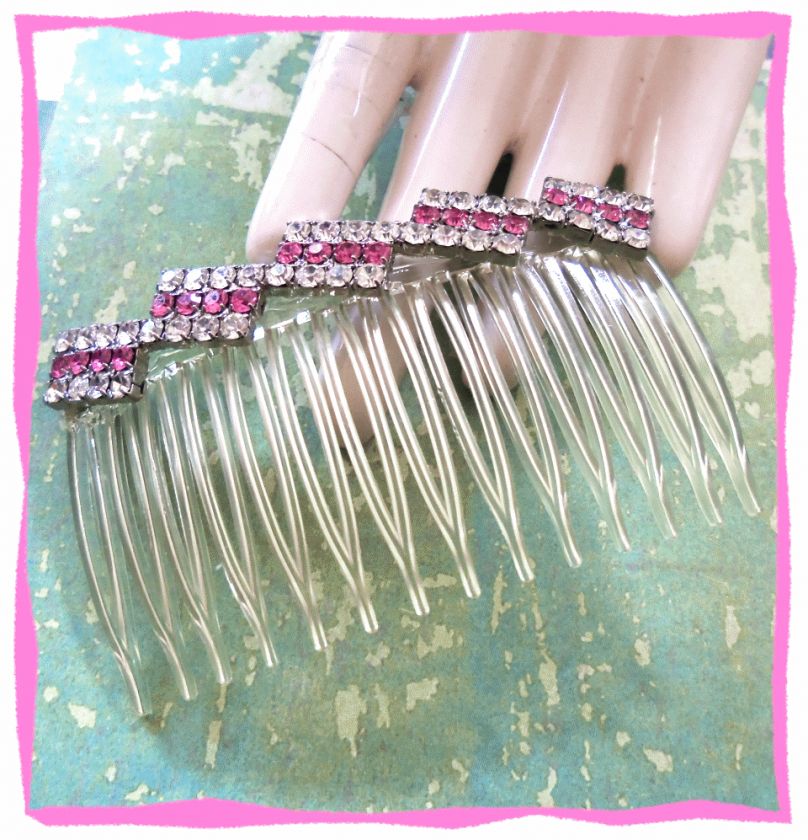 Vintage Pink & Clear Rhinestone Hair Comb  